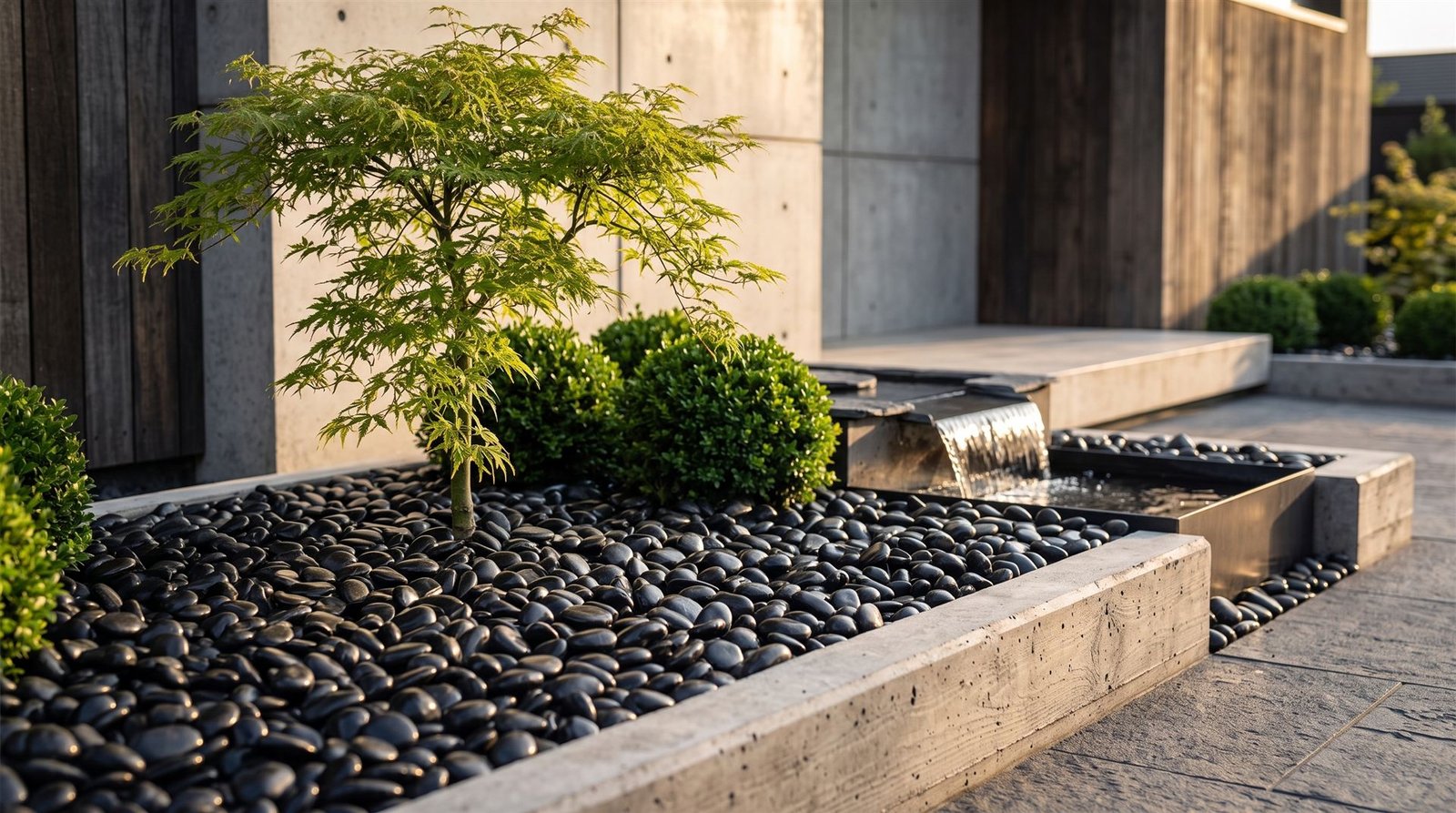 Black pebbles in a modern courtyard planter