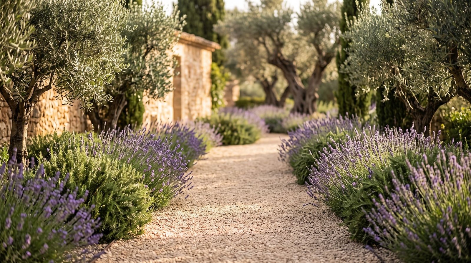 Gravel path through a Mediterranean garden
