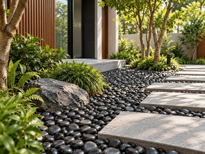 Black polished pebbles used in modern landscaping