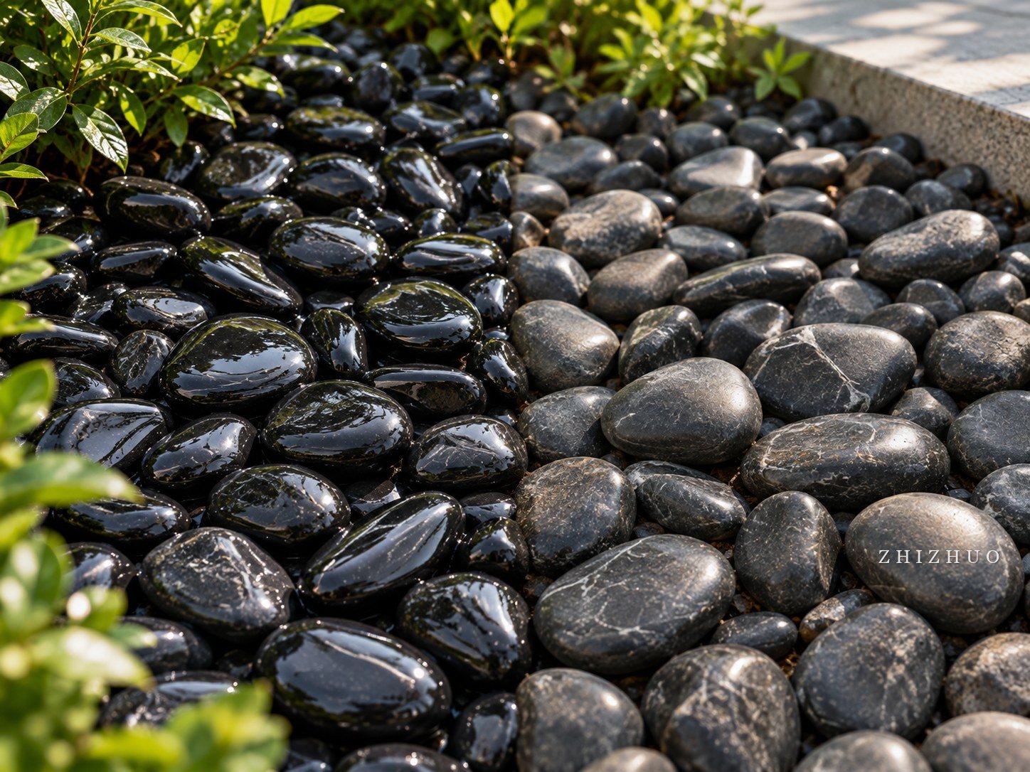 Black polished pebble colour and lustre before and after outdoor weathering