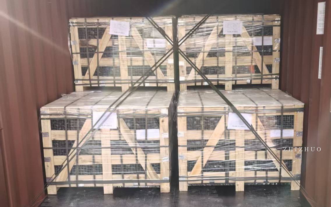 Decorative stone crates secured inside a shipping container